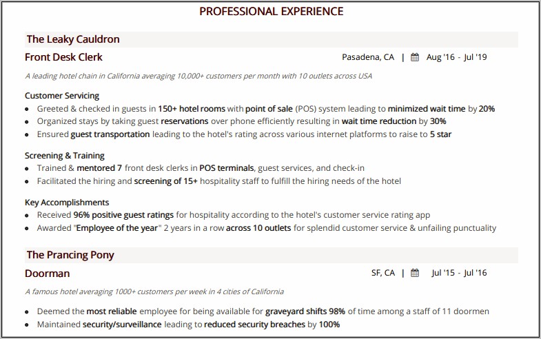 Best Resume For Hotel Industry