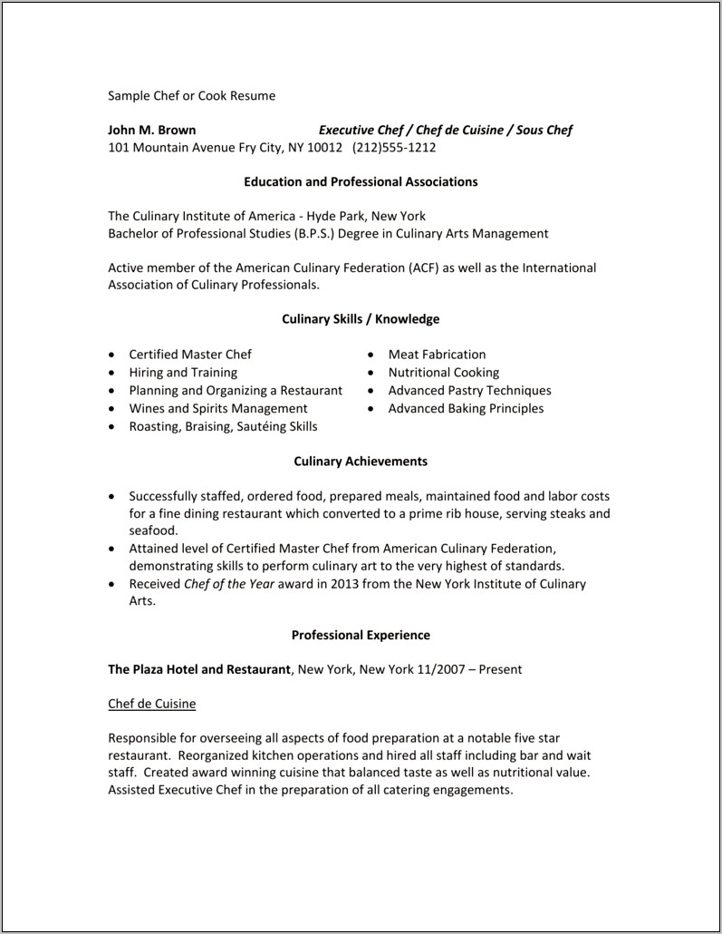 Best Resume For Pastry Chef