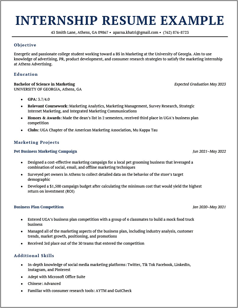 Best Resume Format For Internship