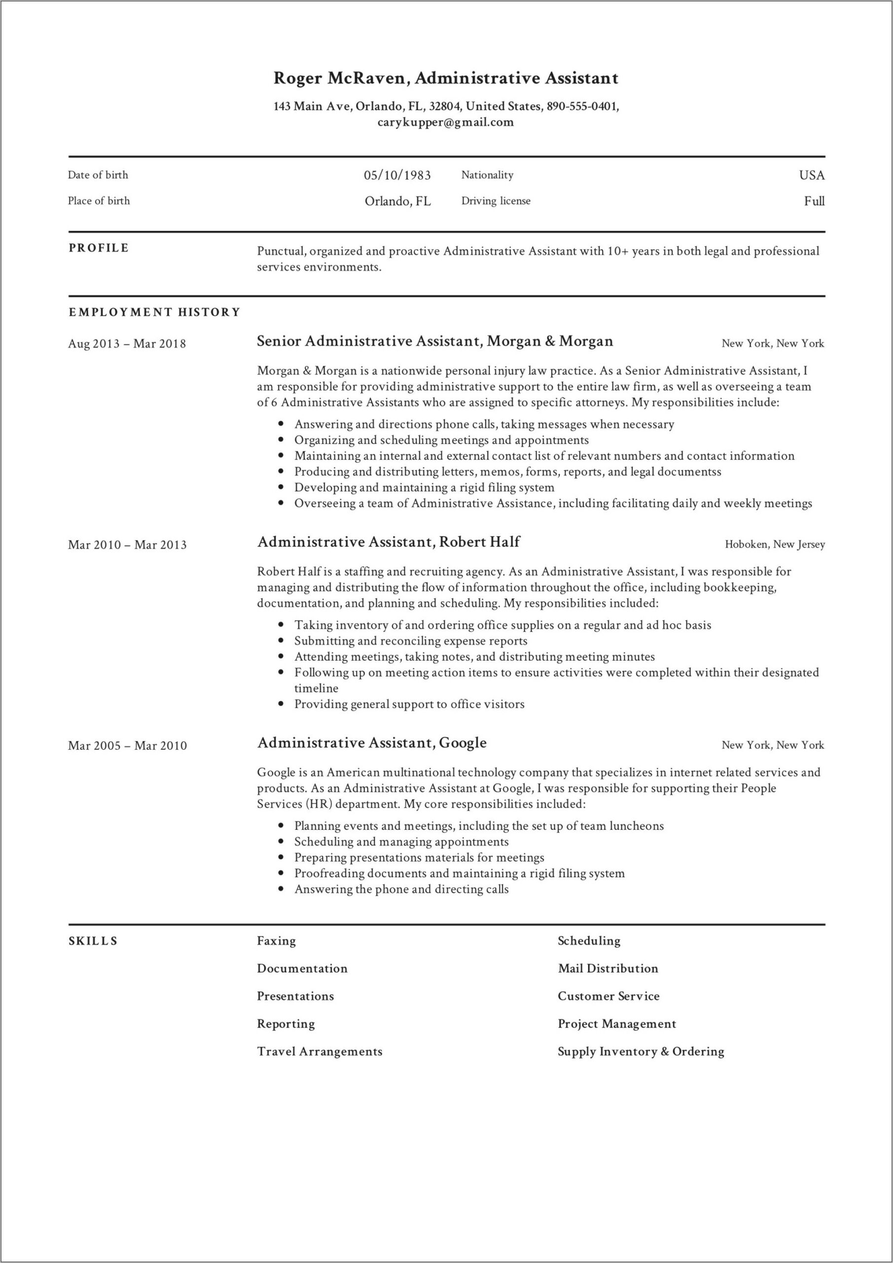 Best Resume Of Executive Assistant