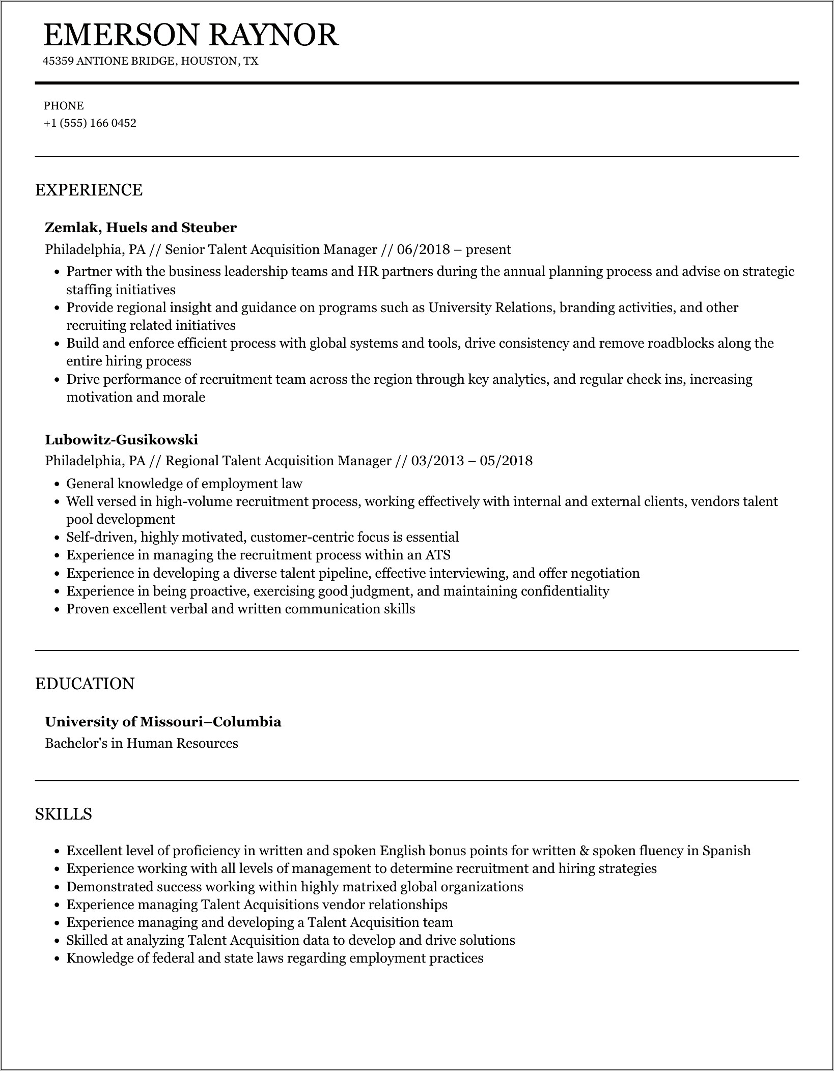Best Talent Acquisition Manager Resume