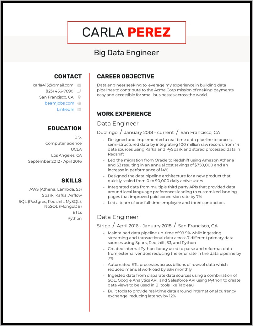 Big Data Engineer Sample Resume