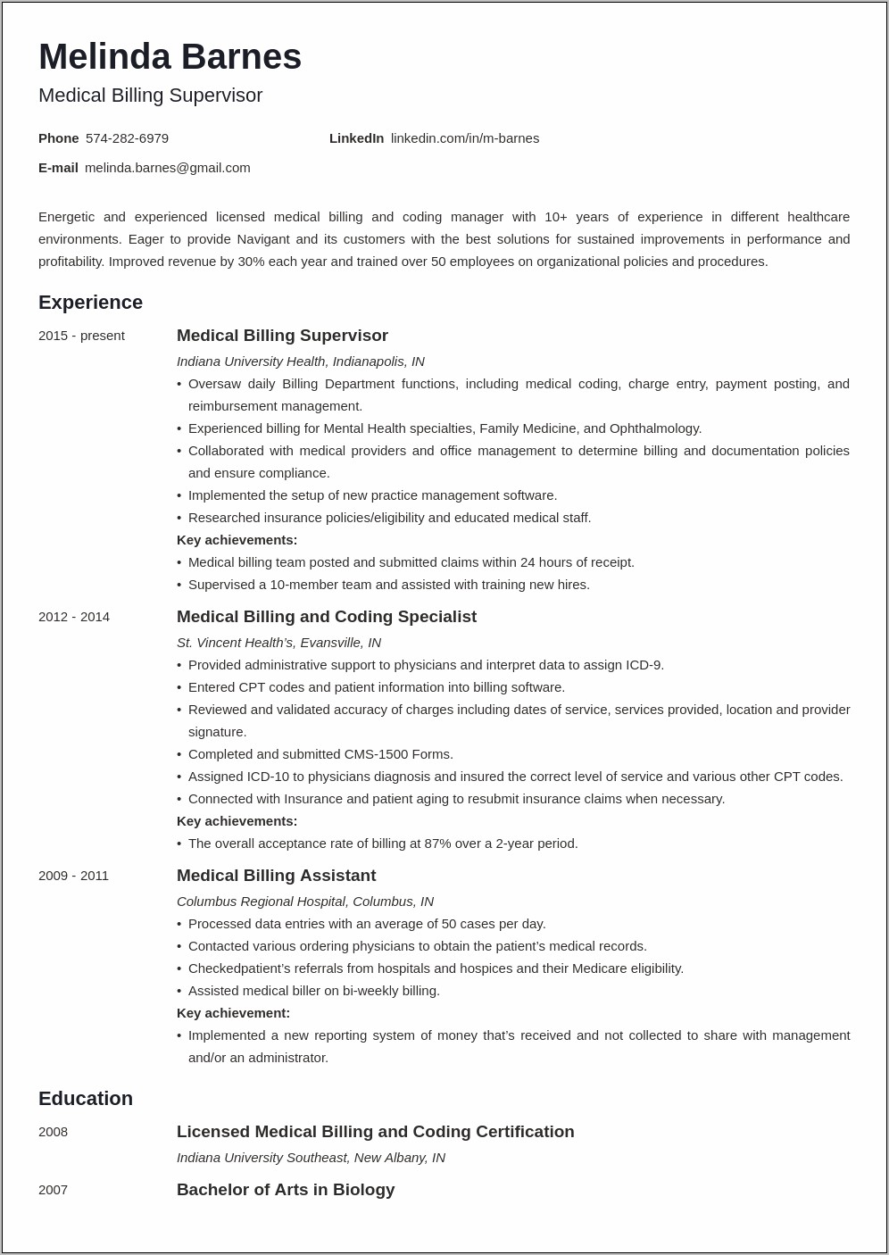 Billing Department Manager Sample Resume