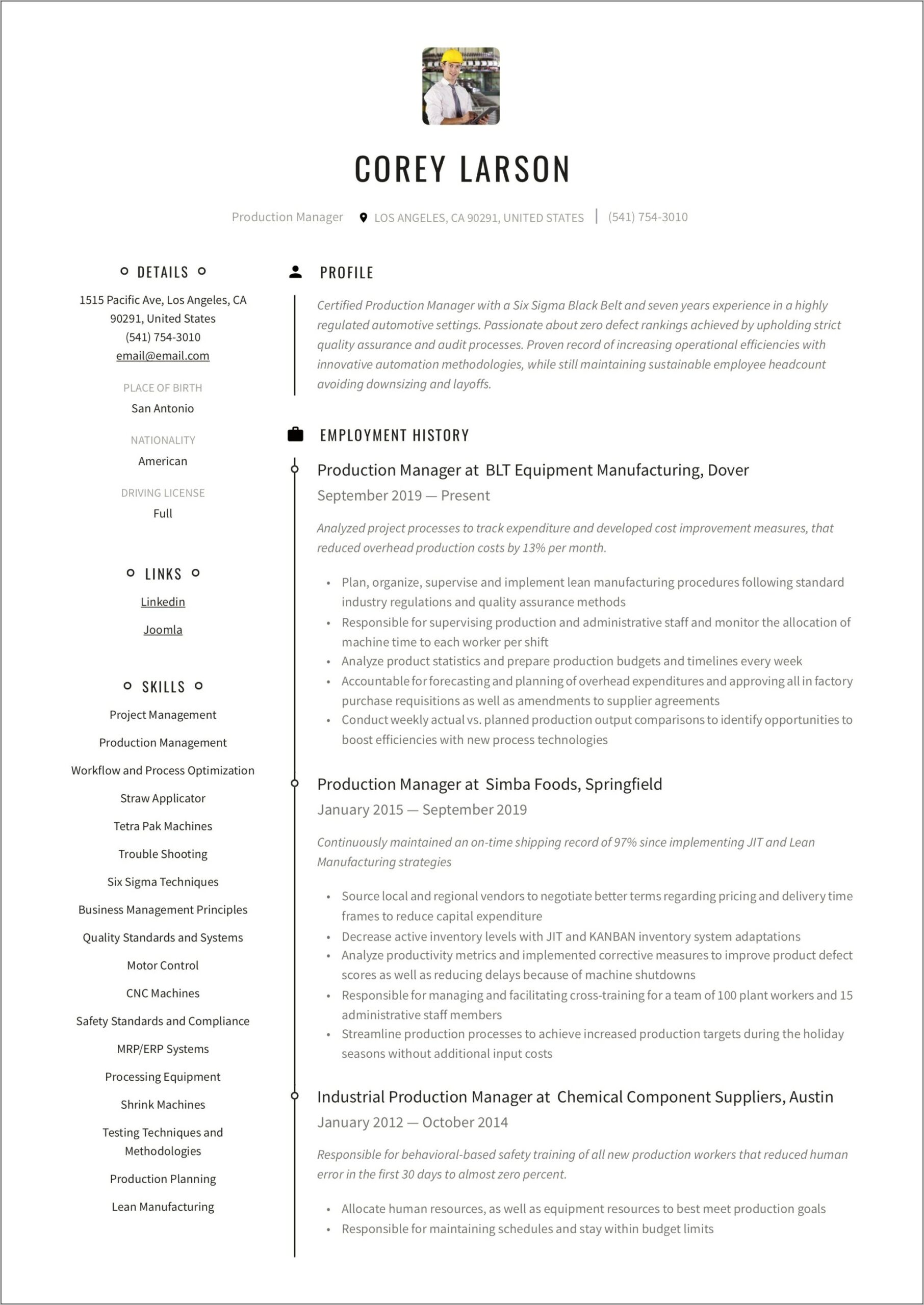 Biotech Manufacturing Support Resume Sample