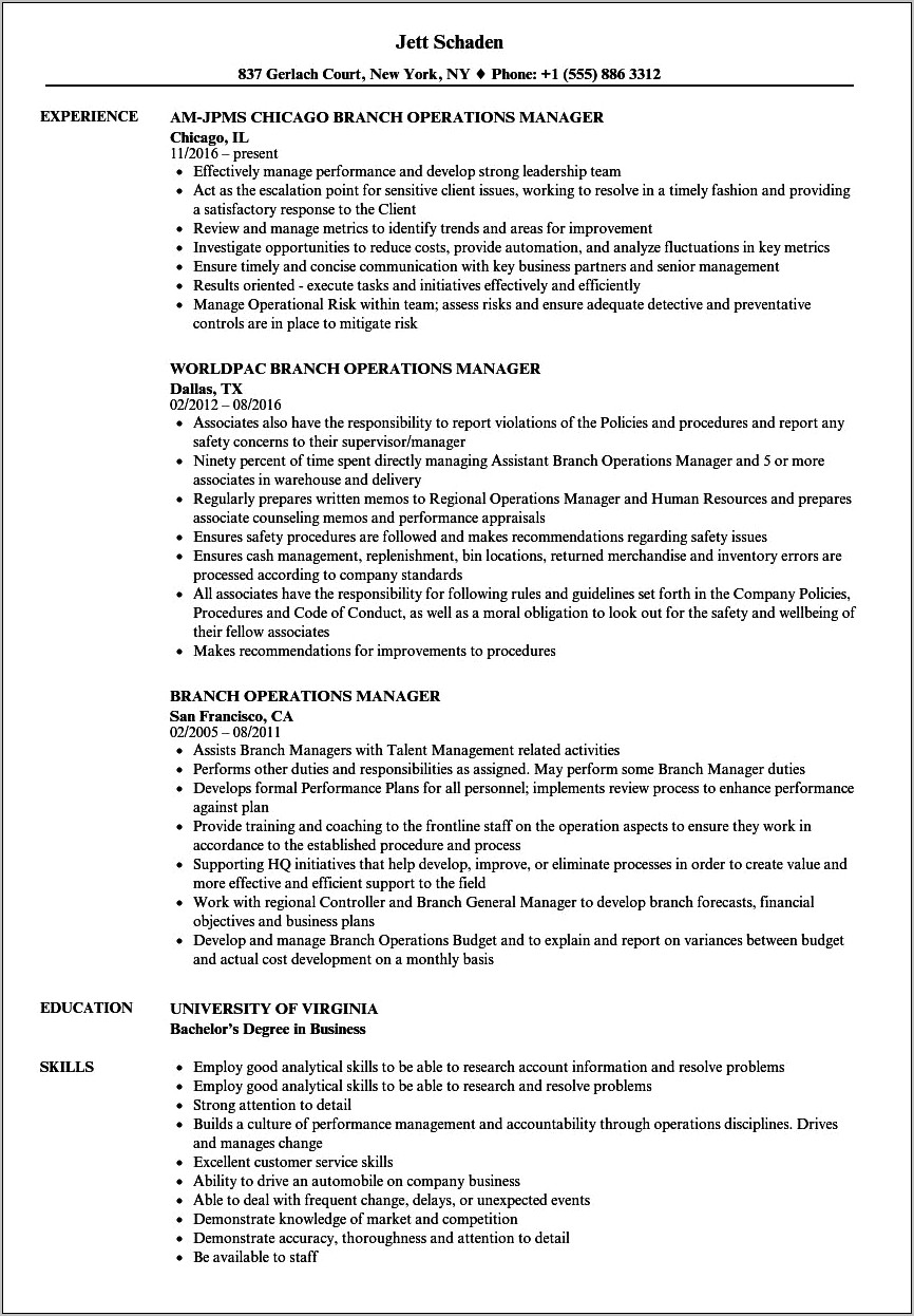Branch Operations Manager Resume Sample