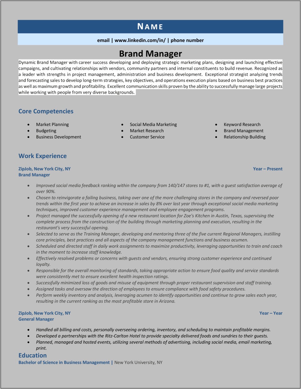 Brand Manager Job Description Resume