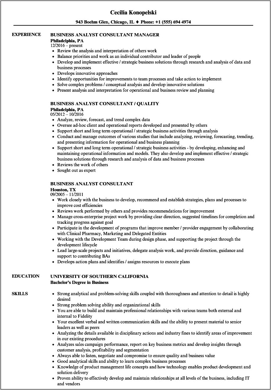 Business Analyst Consultant Sample Resume