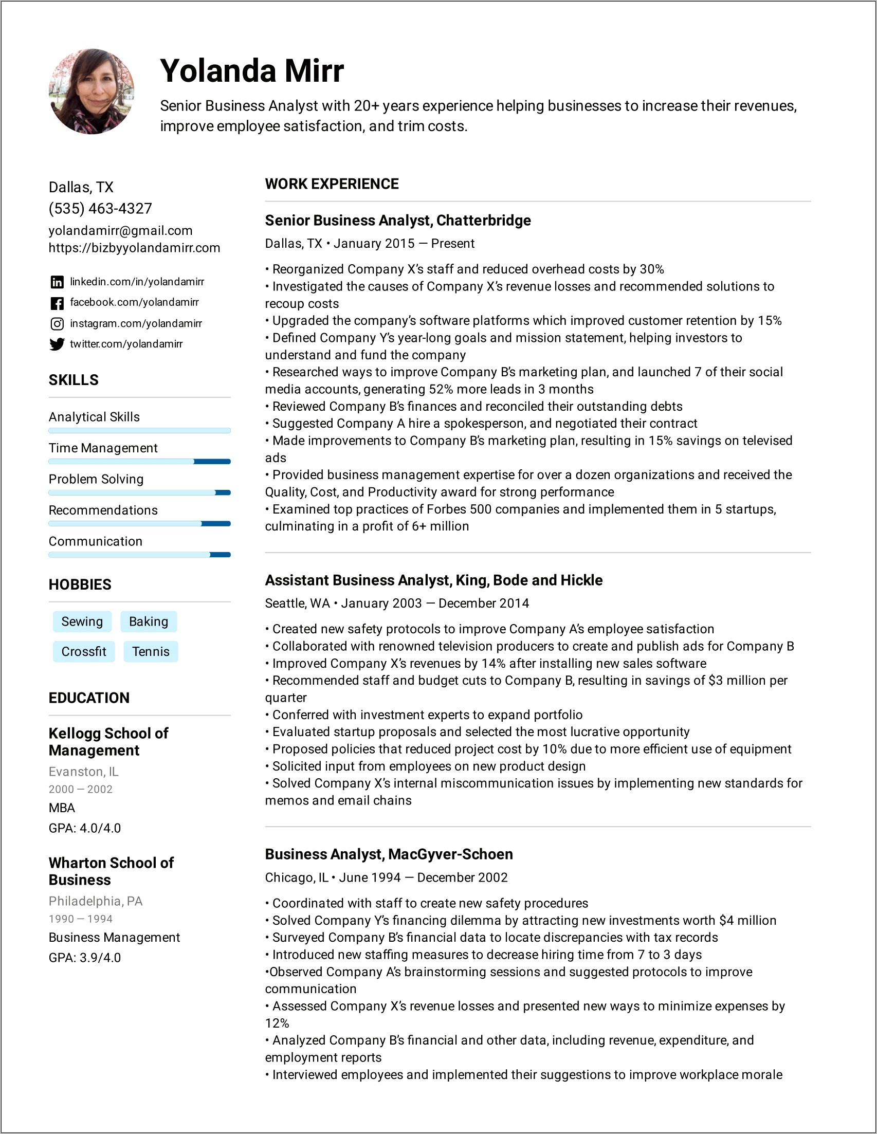 Business Analyst Investement Management Resume