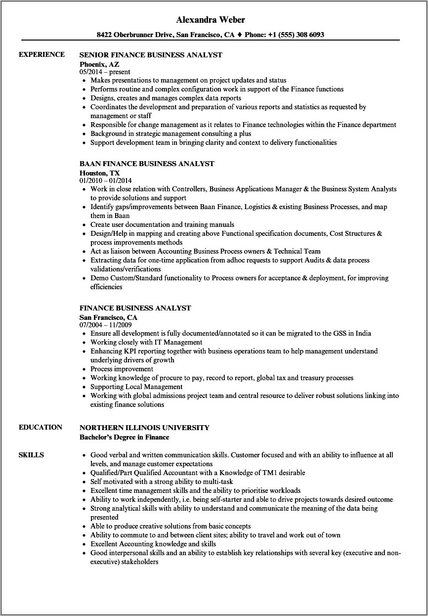 Business Analyst Investment Management Resume