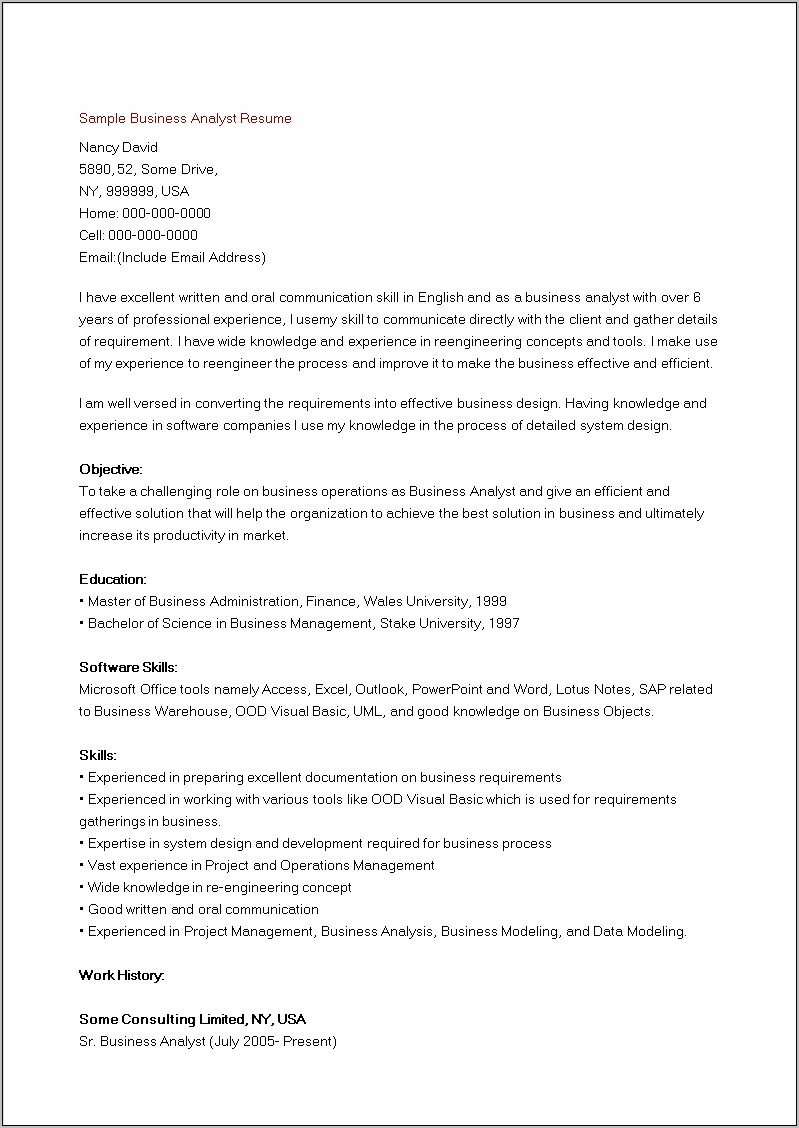 Business Analyst Profile Sample Resume