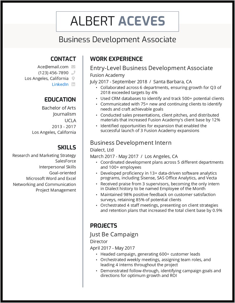 Business Development Associate Resume Sample