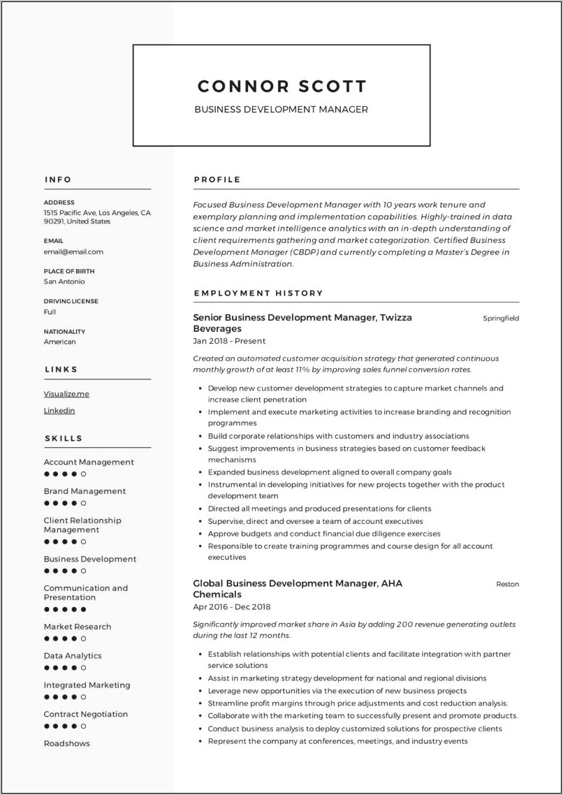 Business Development Engineer Sample Resume