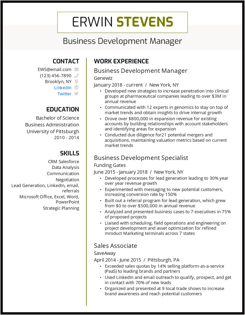 Business Development Manager Healthcare Resume
