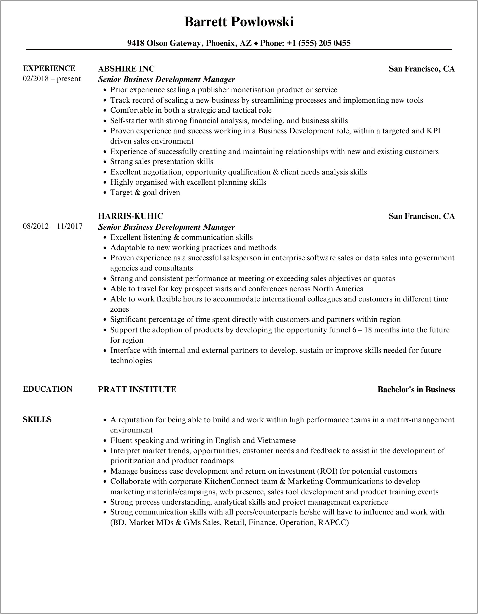 Business Development Manager Resume Download