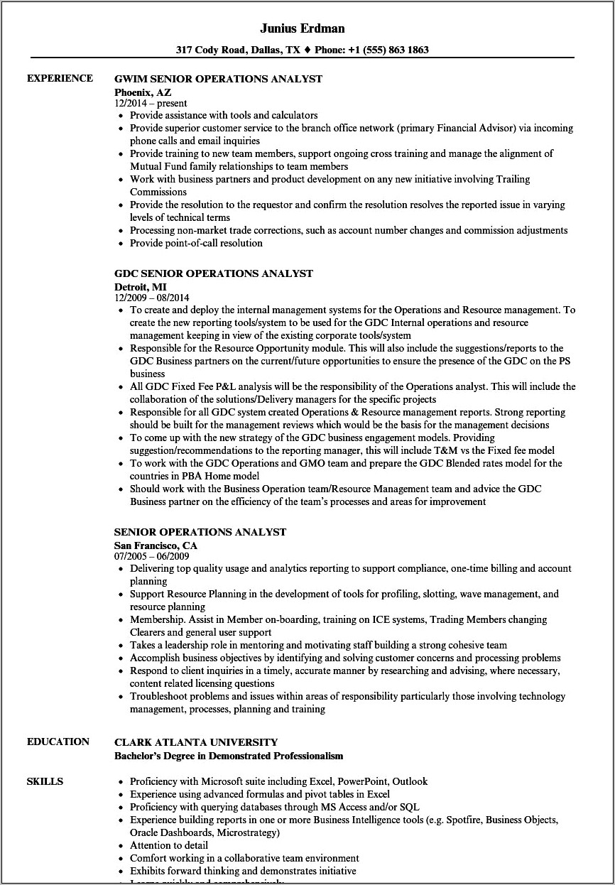 Business Operations Analyst Sample Resume