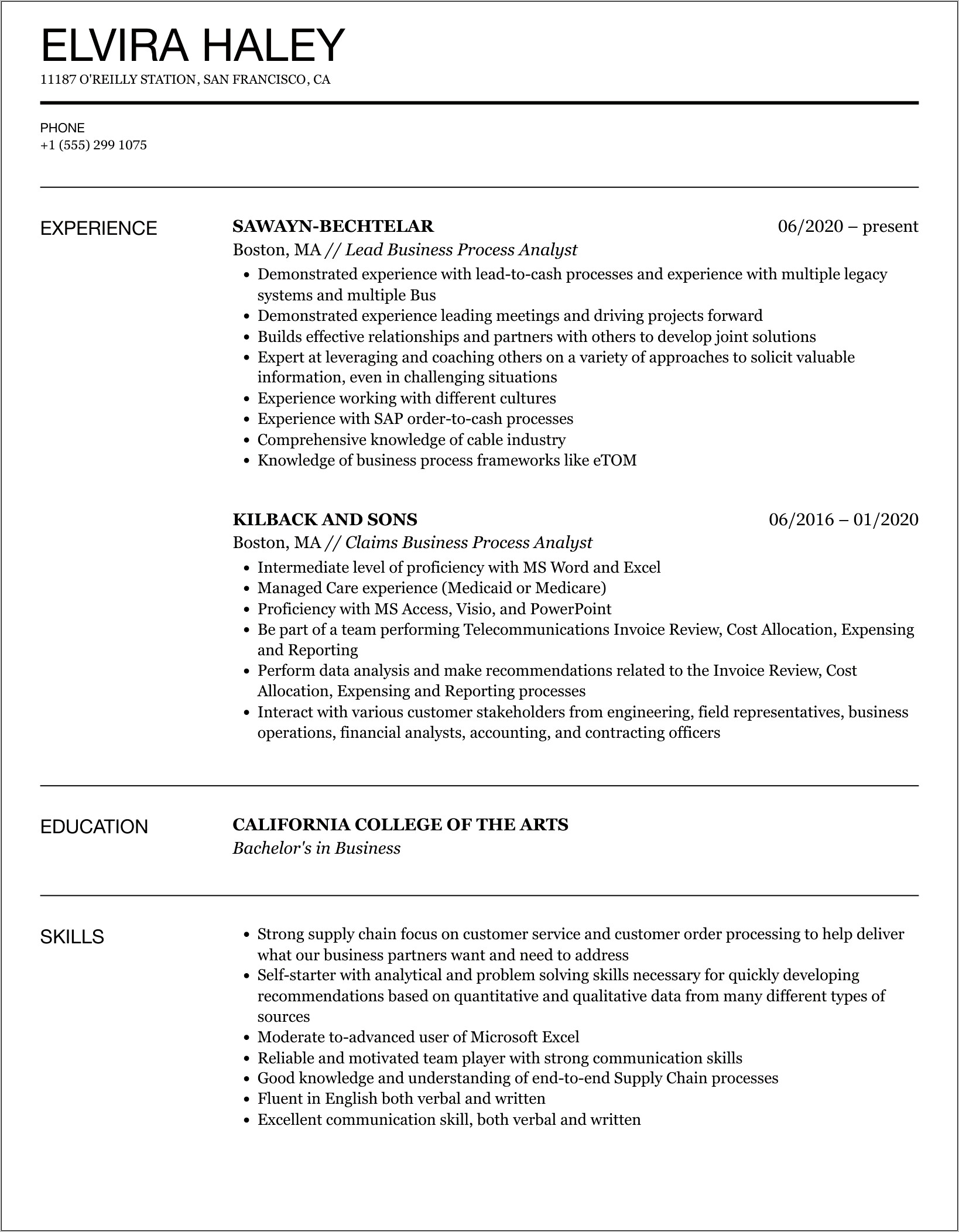 Business Process Analyst Resume Sample