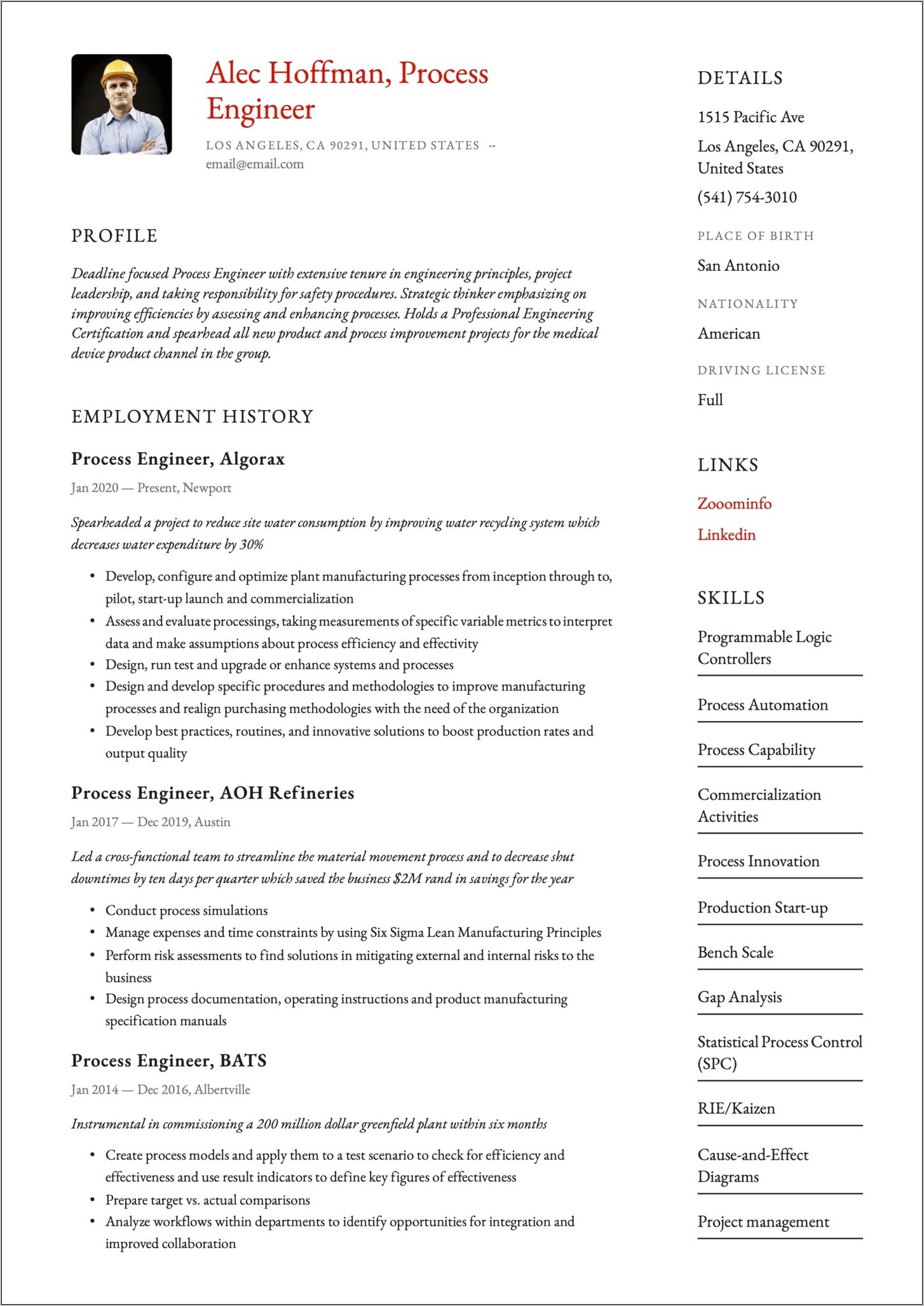 Business Process Engineer Sample Resume