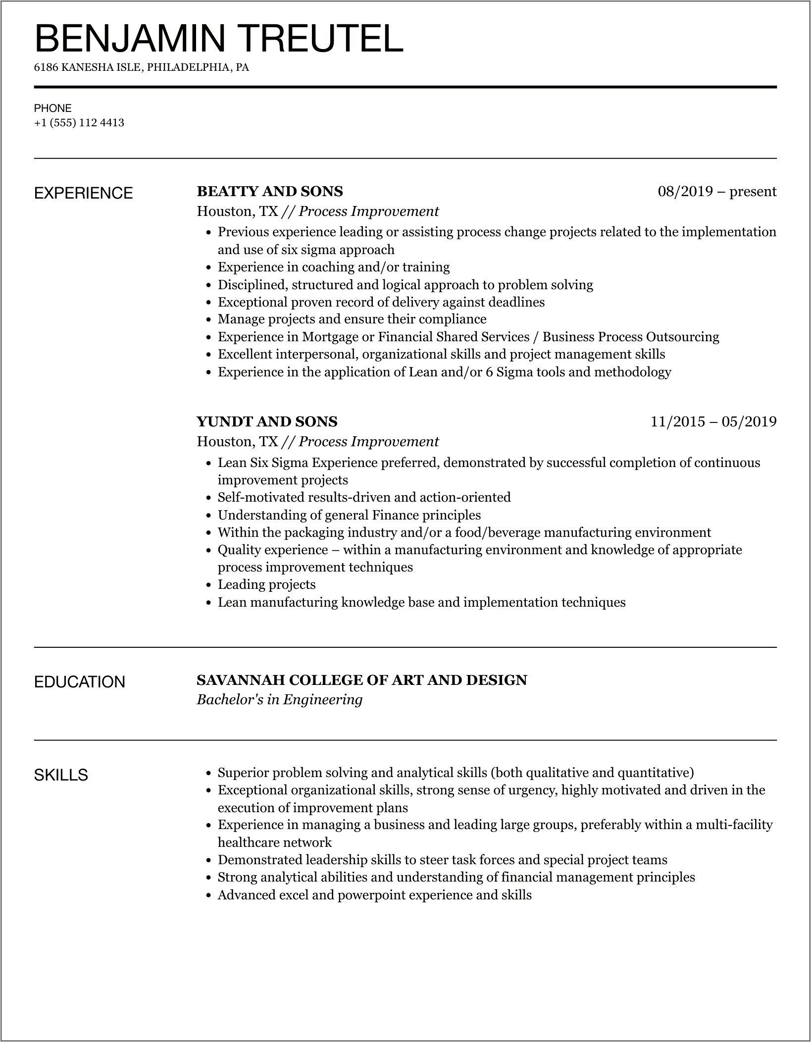 Business Resume Objective Action Result