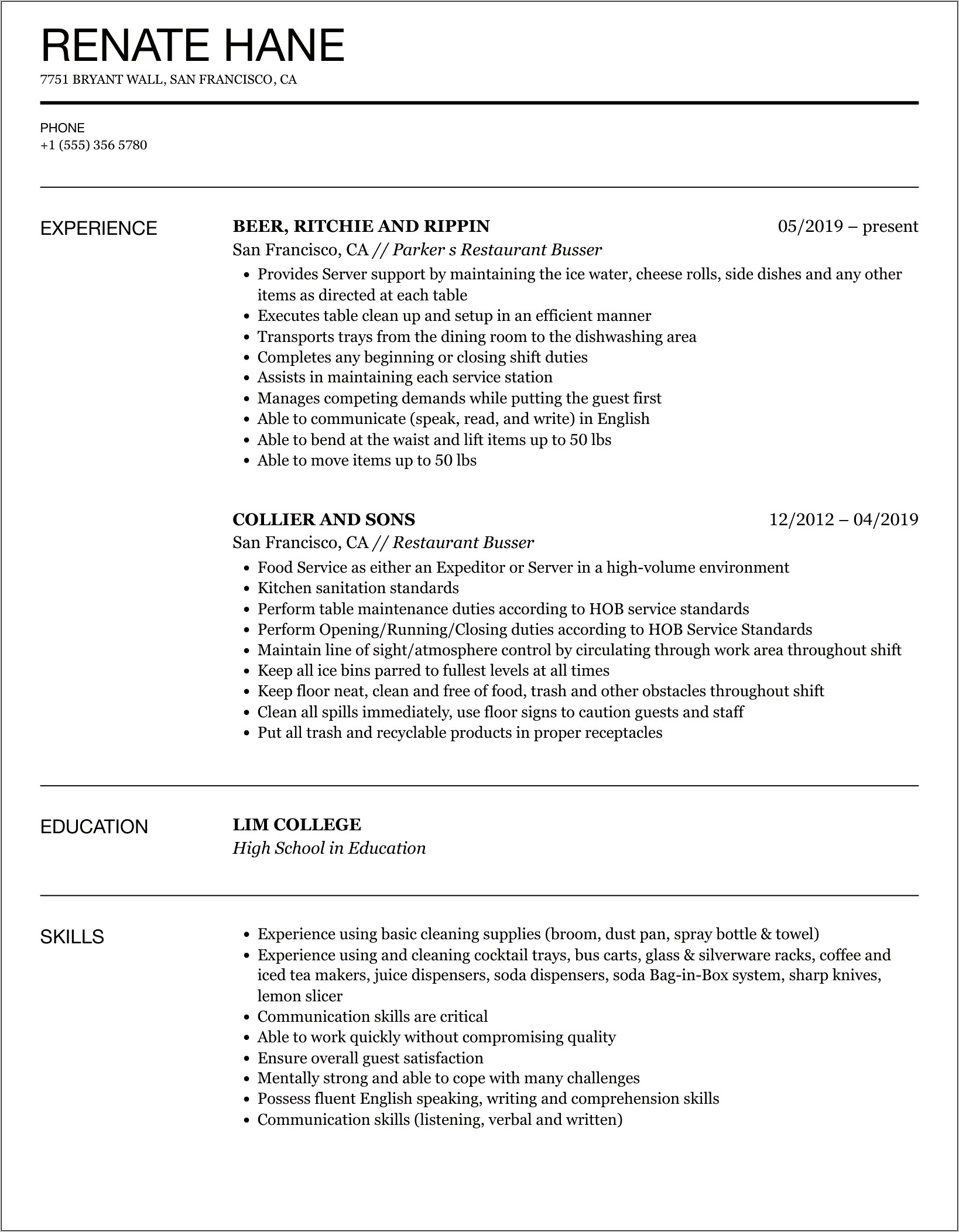 Busser Job Description For Resume