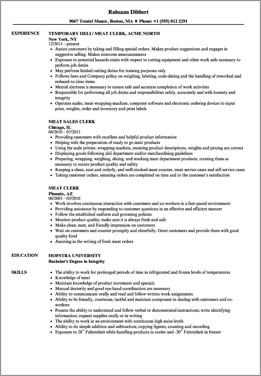 Butcher Job Description For Resume