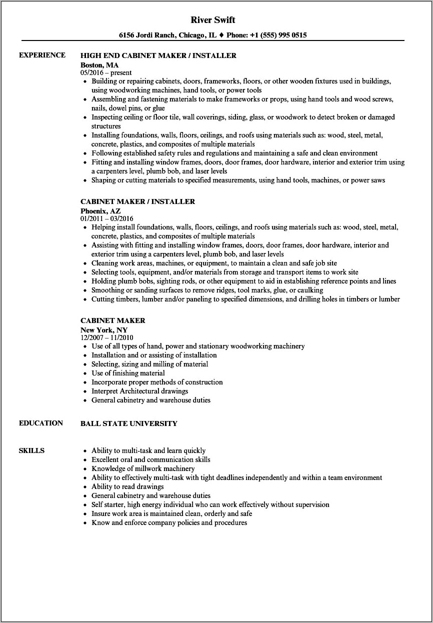 Cabinet Maker Job Description Resume