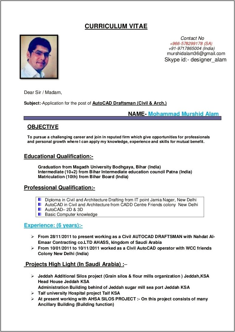 Cad Drafter Free Sample Resume