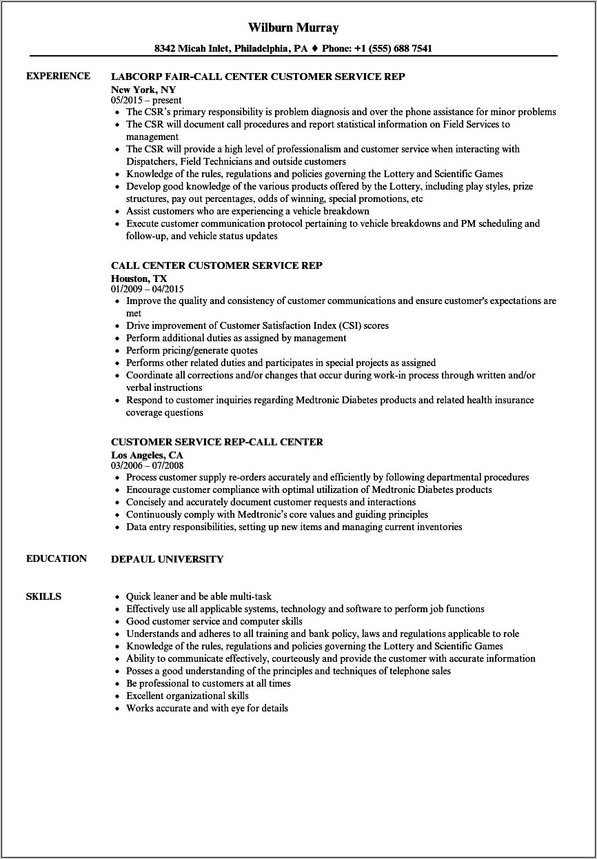 Call Center Job Experience Resume