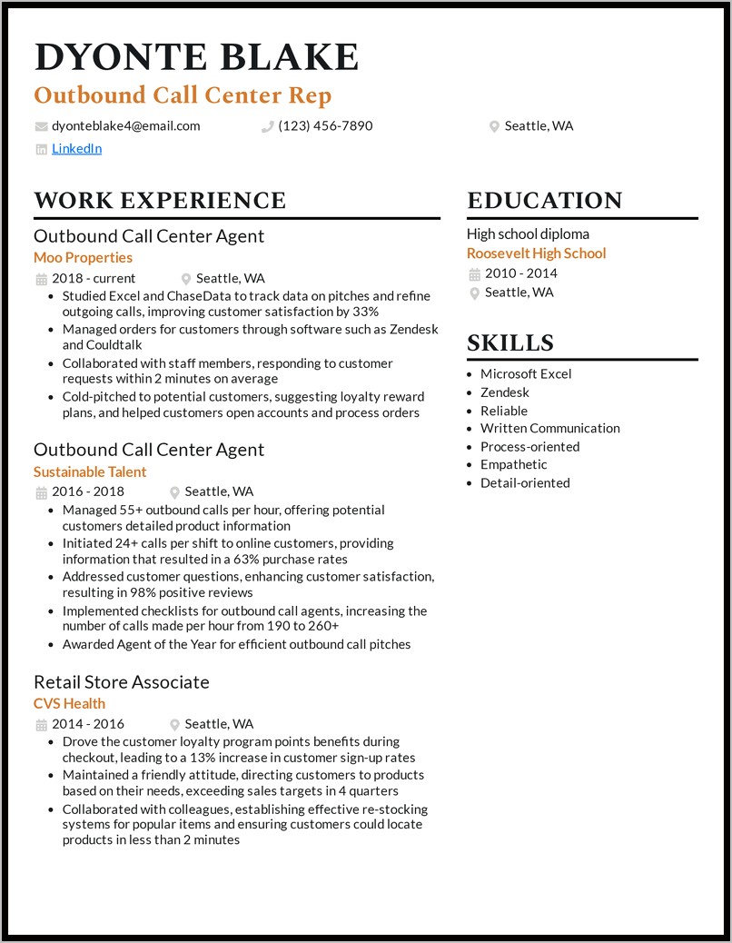 Call Center Sales Resume Examples