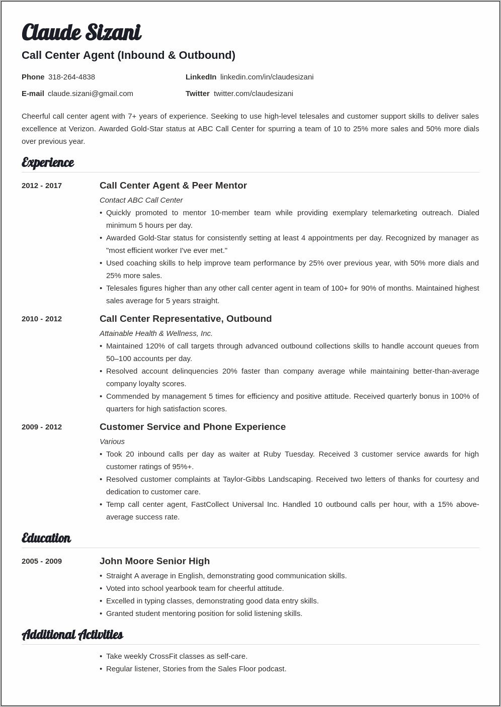 Call Centre Resume Objective Examples