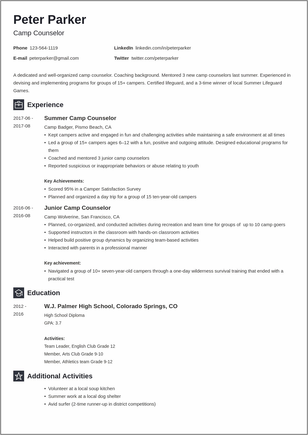Camp Counselor Resume Objective Examples