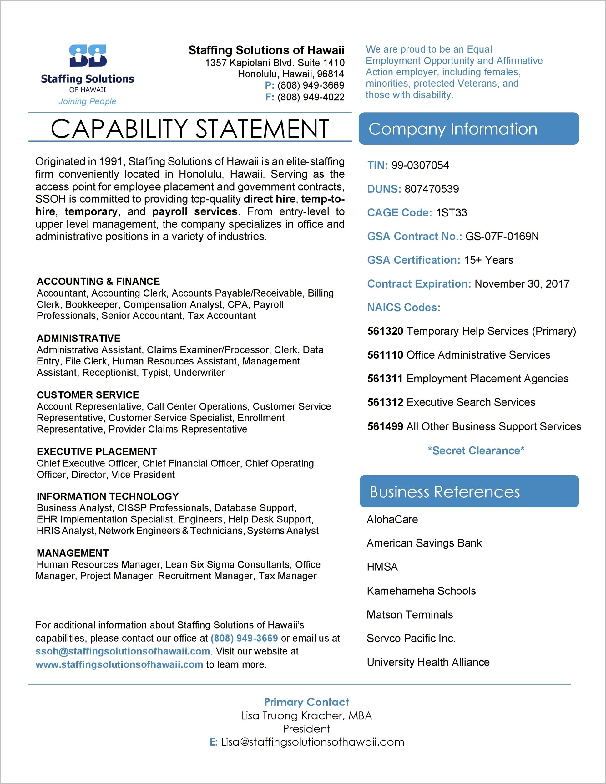 Capability Statement Examples For Resume