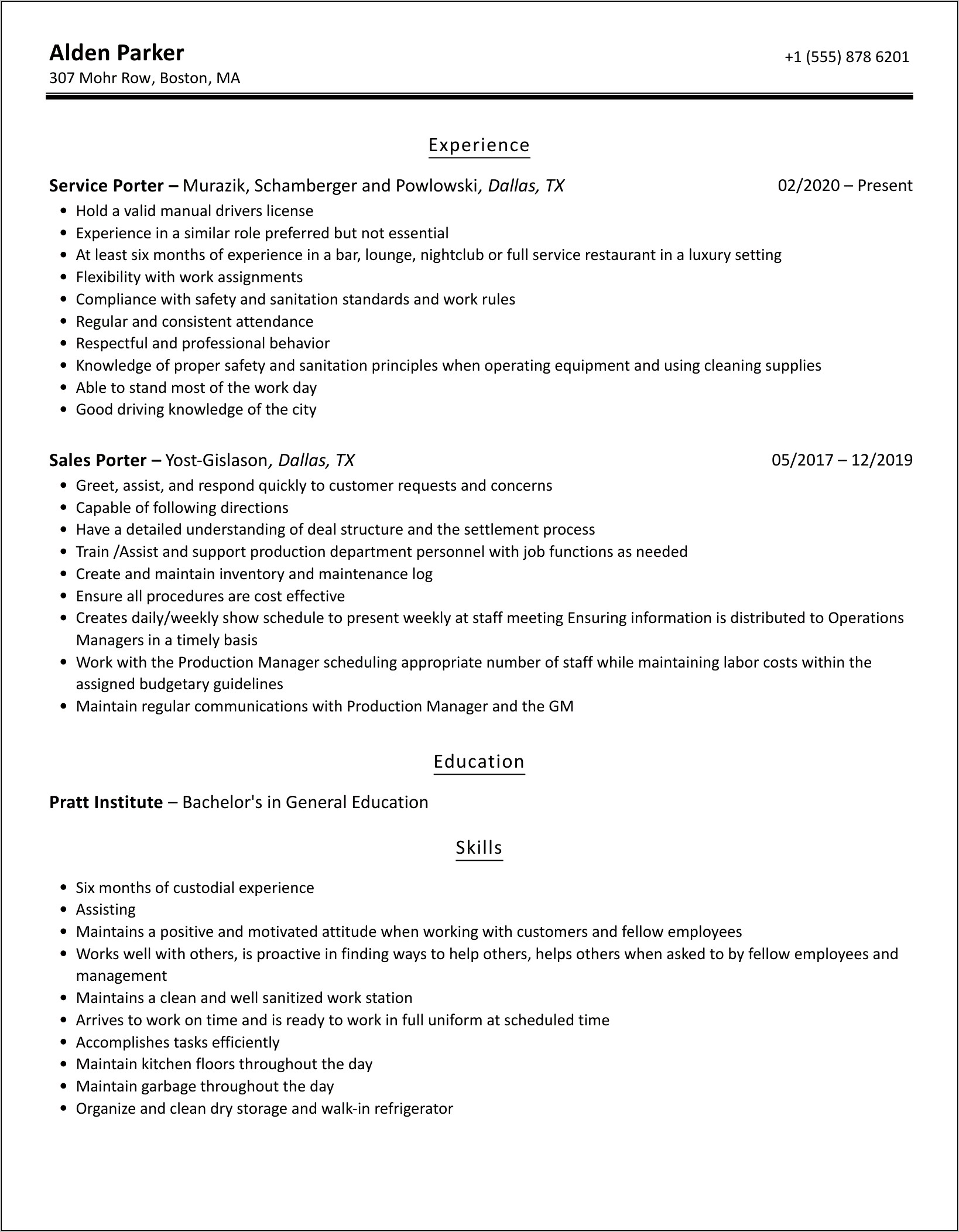 Car Porter Job Description Resume