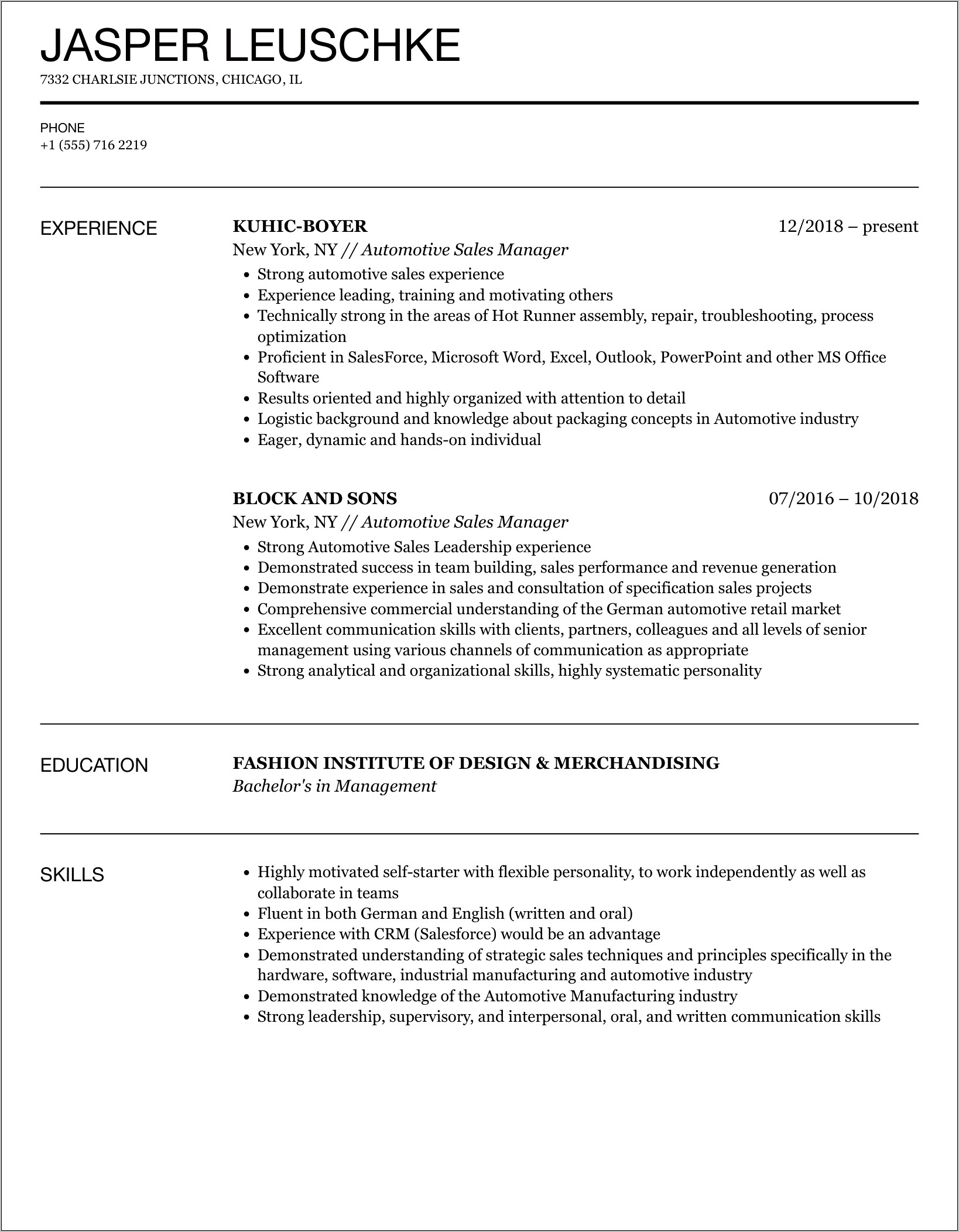 Car Sales Manager Resume Template