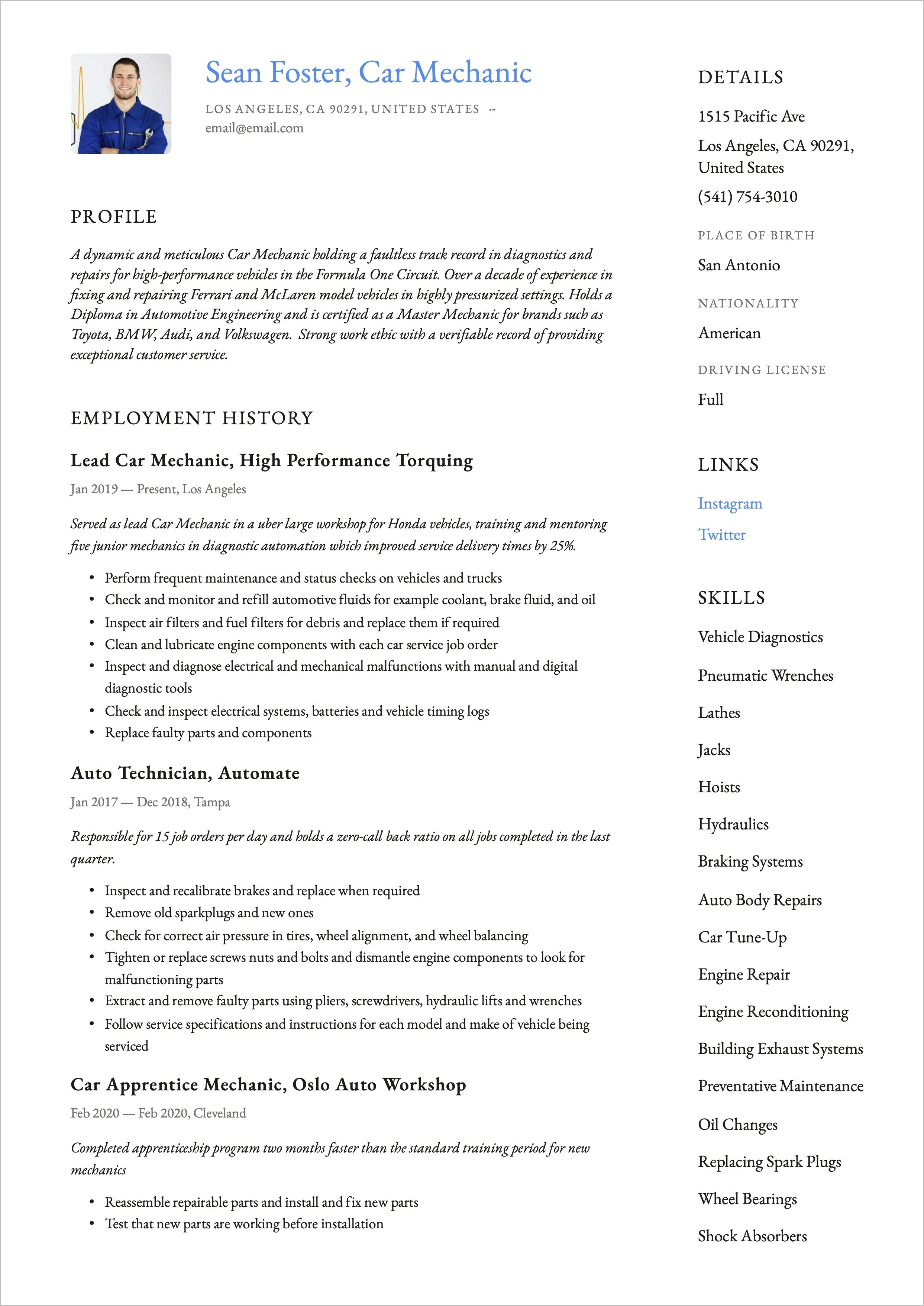 Car Technician Job Description Resume