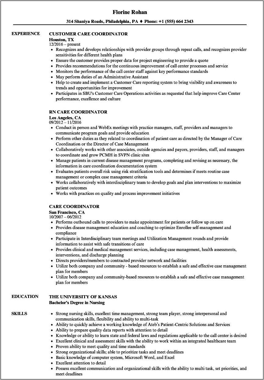 Care Coordinators Job Description Resume