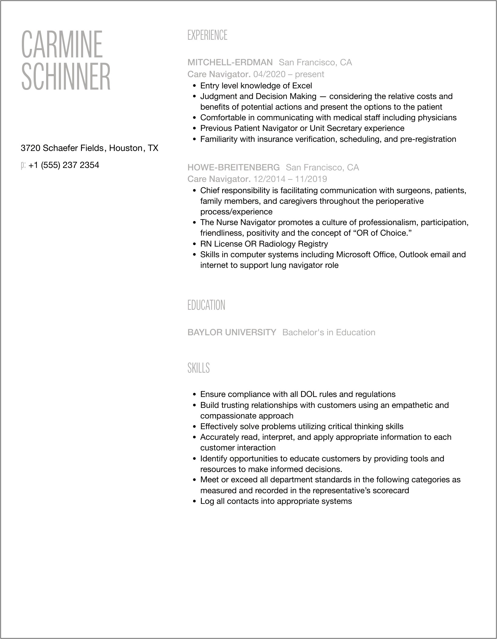 Care Navigator Job Description Resume