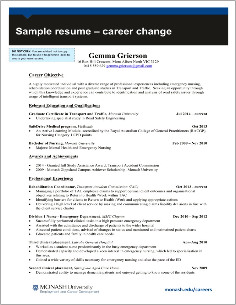 Career Change Objective Resume Sample