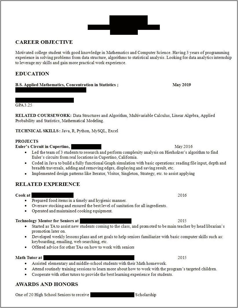 Career Objective Resume For Internship