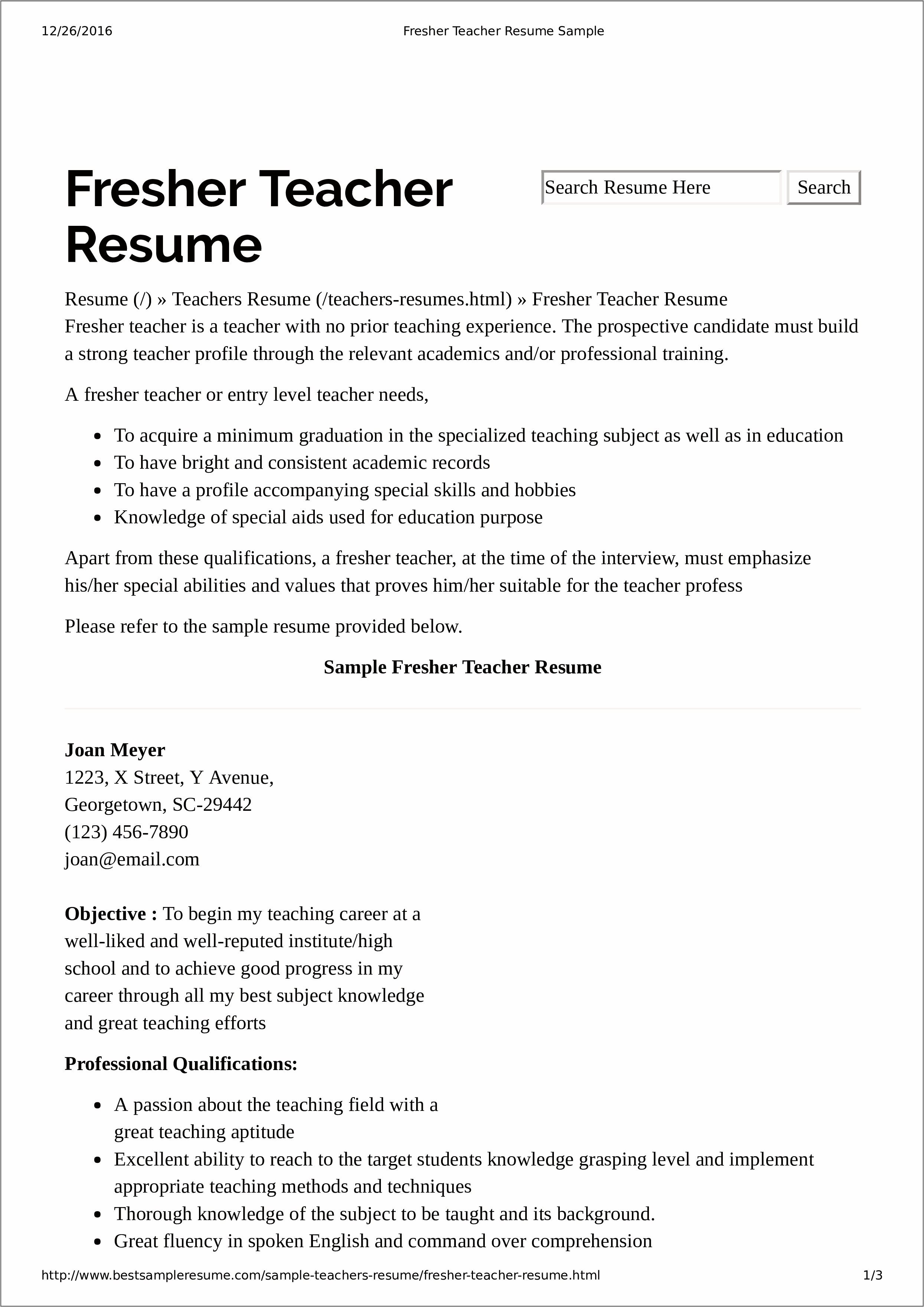 Career Objective Resume Fresher Teacher