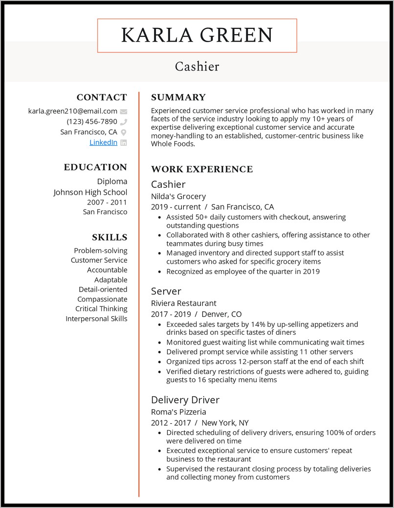 Cashier Summary Of Skills Resume