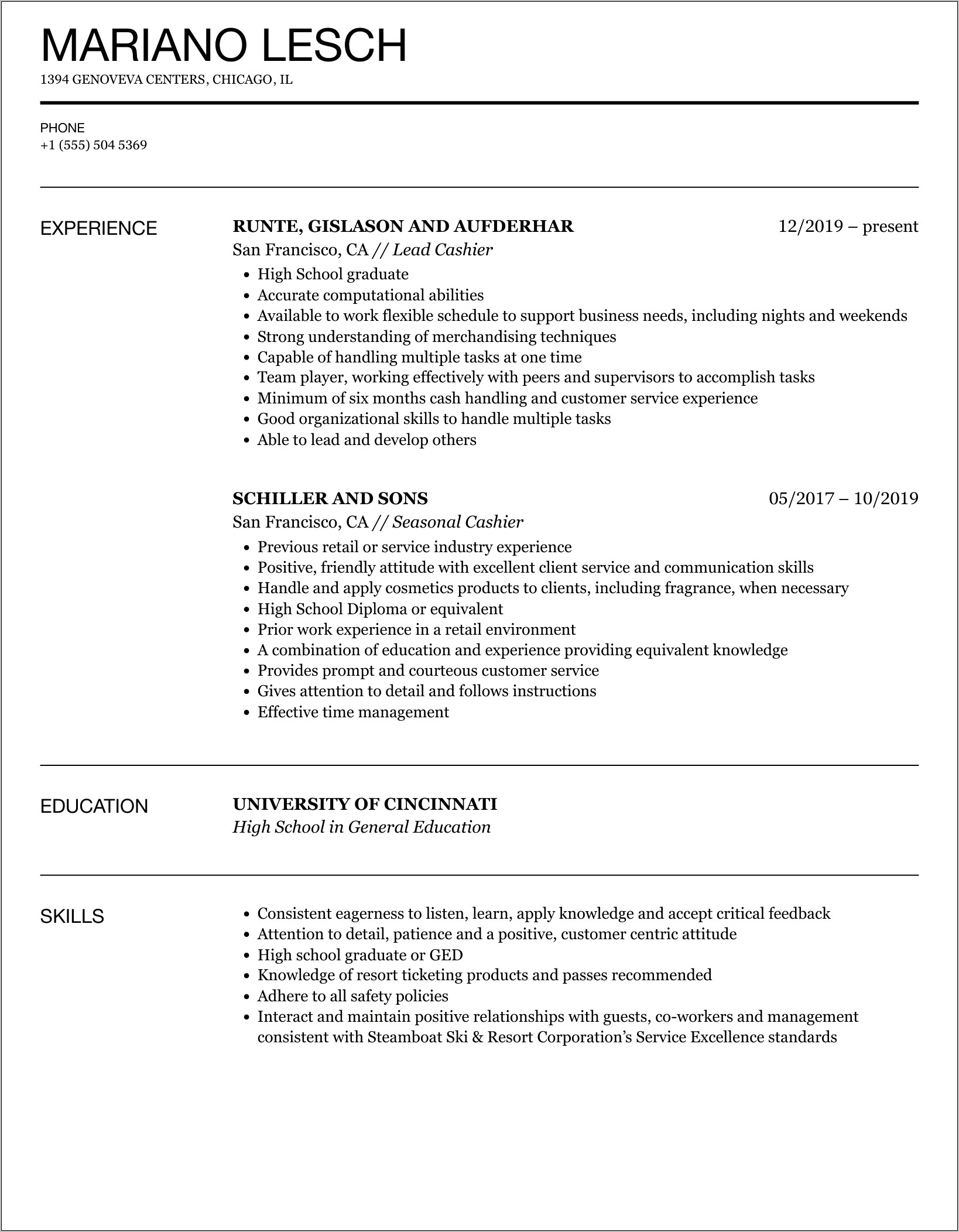 Cashiers Job Objective For Resume