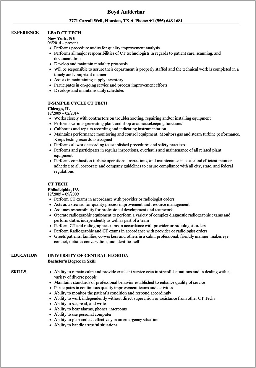 Cat Scan Technologist Resume Example