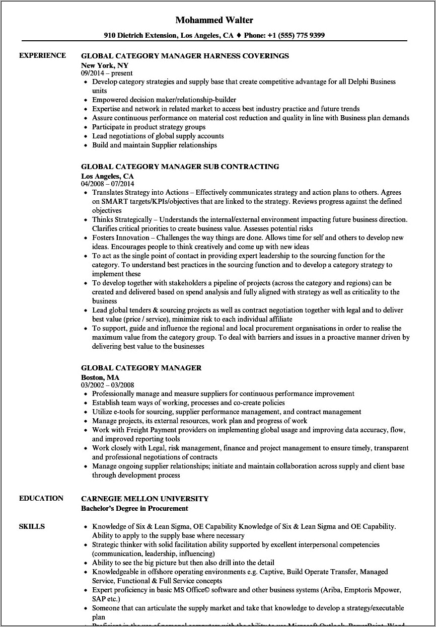 Category Manager Resume Sample India