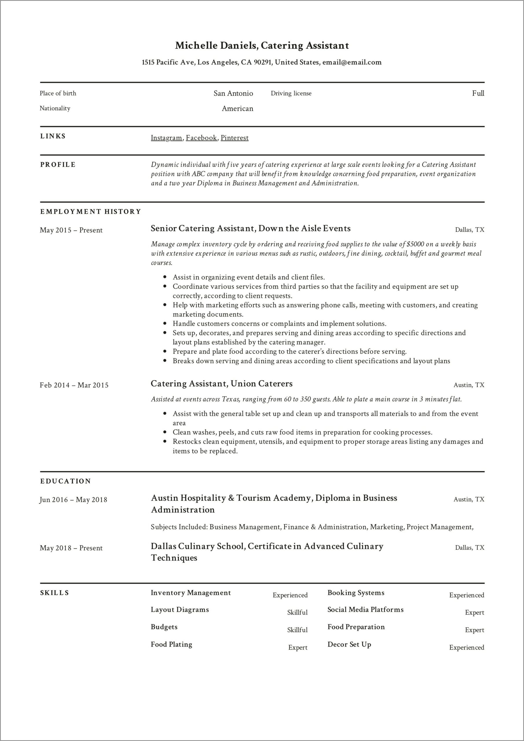 Catering Company Profile Sample Resume