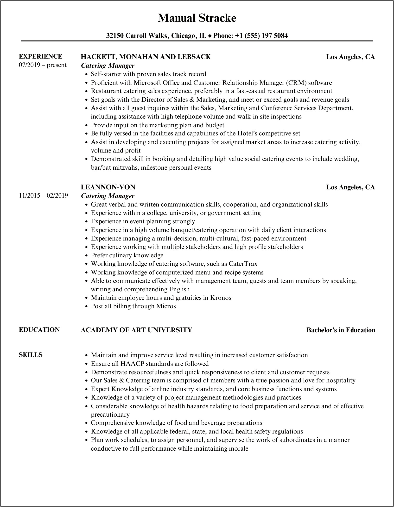 Catering Manager Skills For Resume