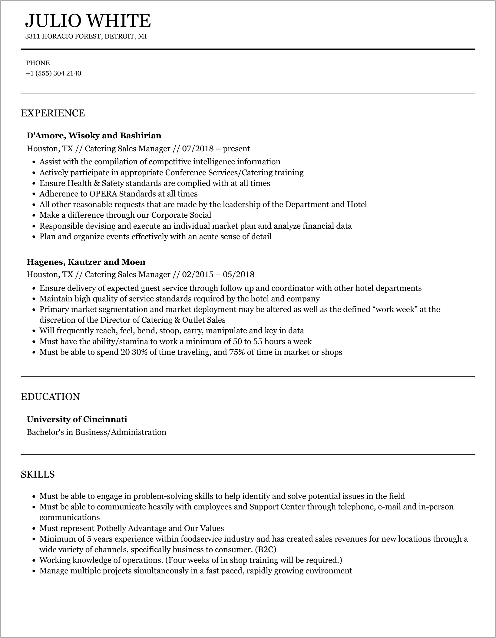 Catering Sales Manager Resume Objective