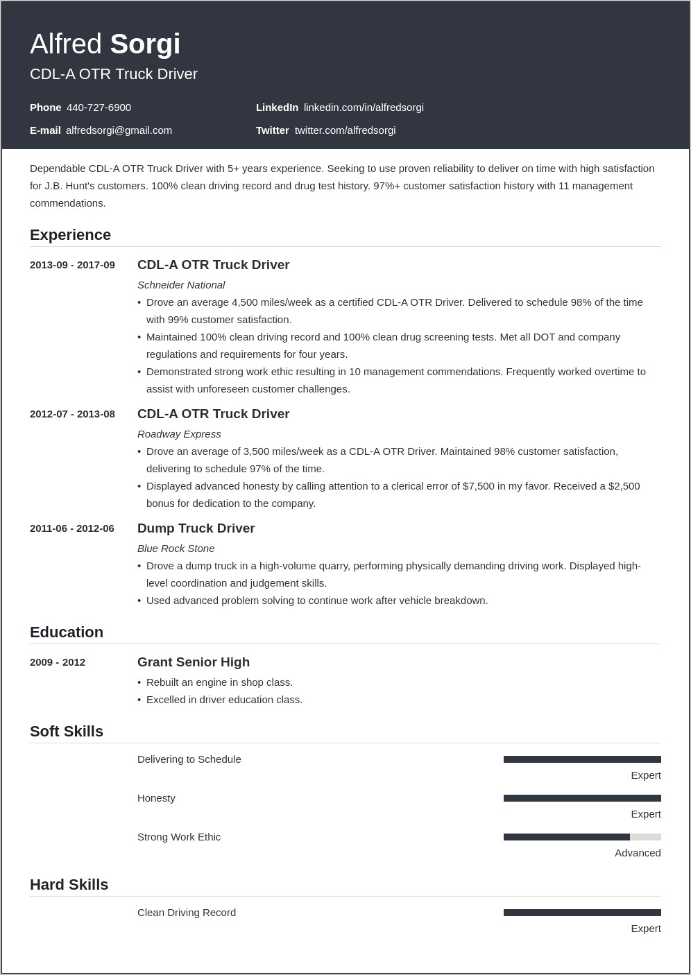 Cdl Truck Driver Resume Example