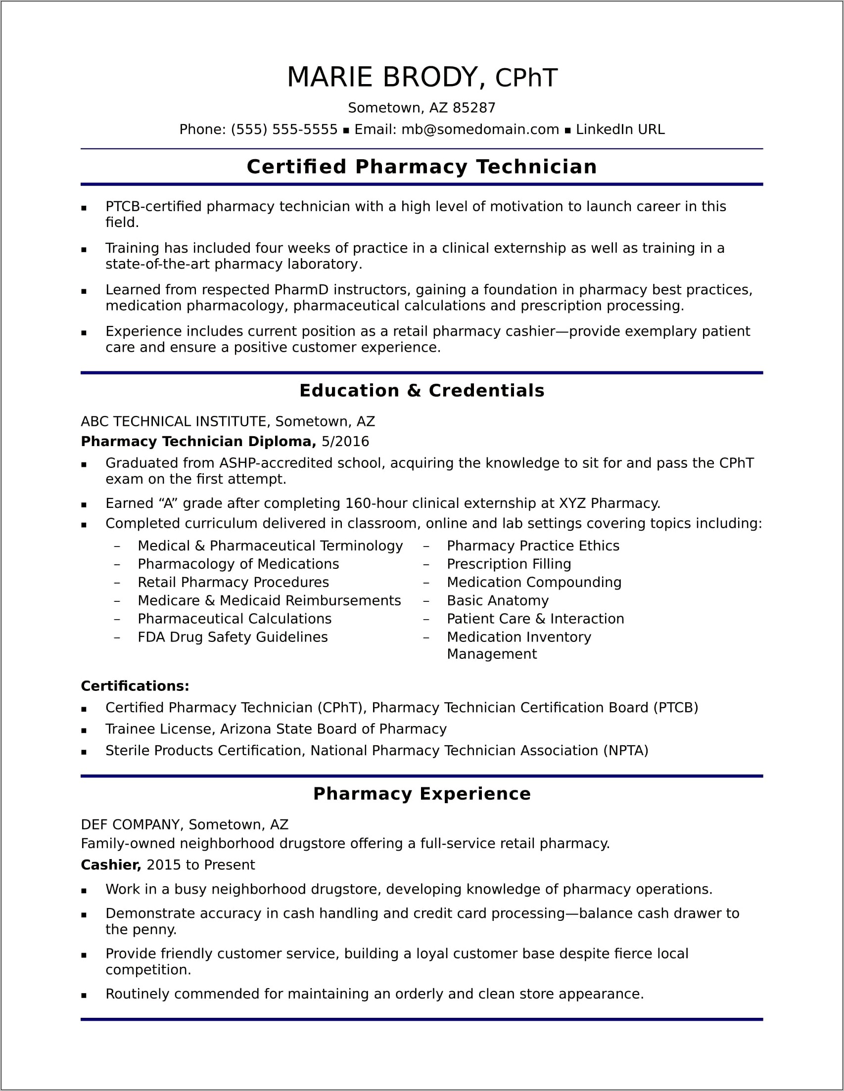 Certified Pharmacy Technician Resume Objective