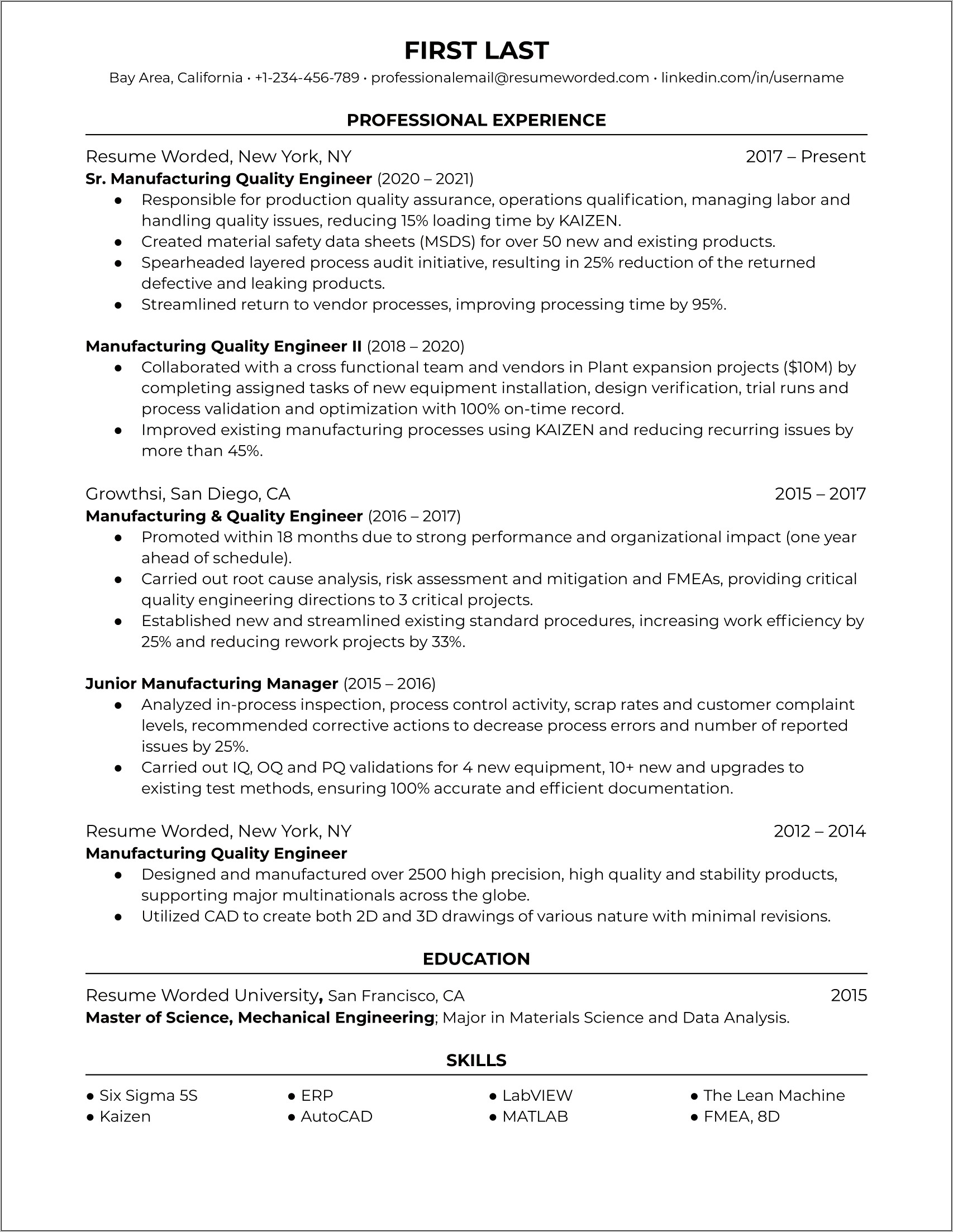 Certified Quality Engineer Resume Example