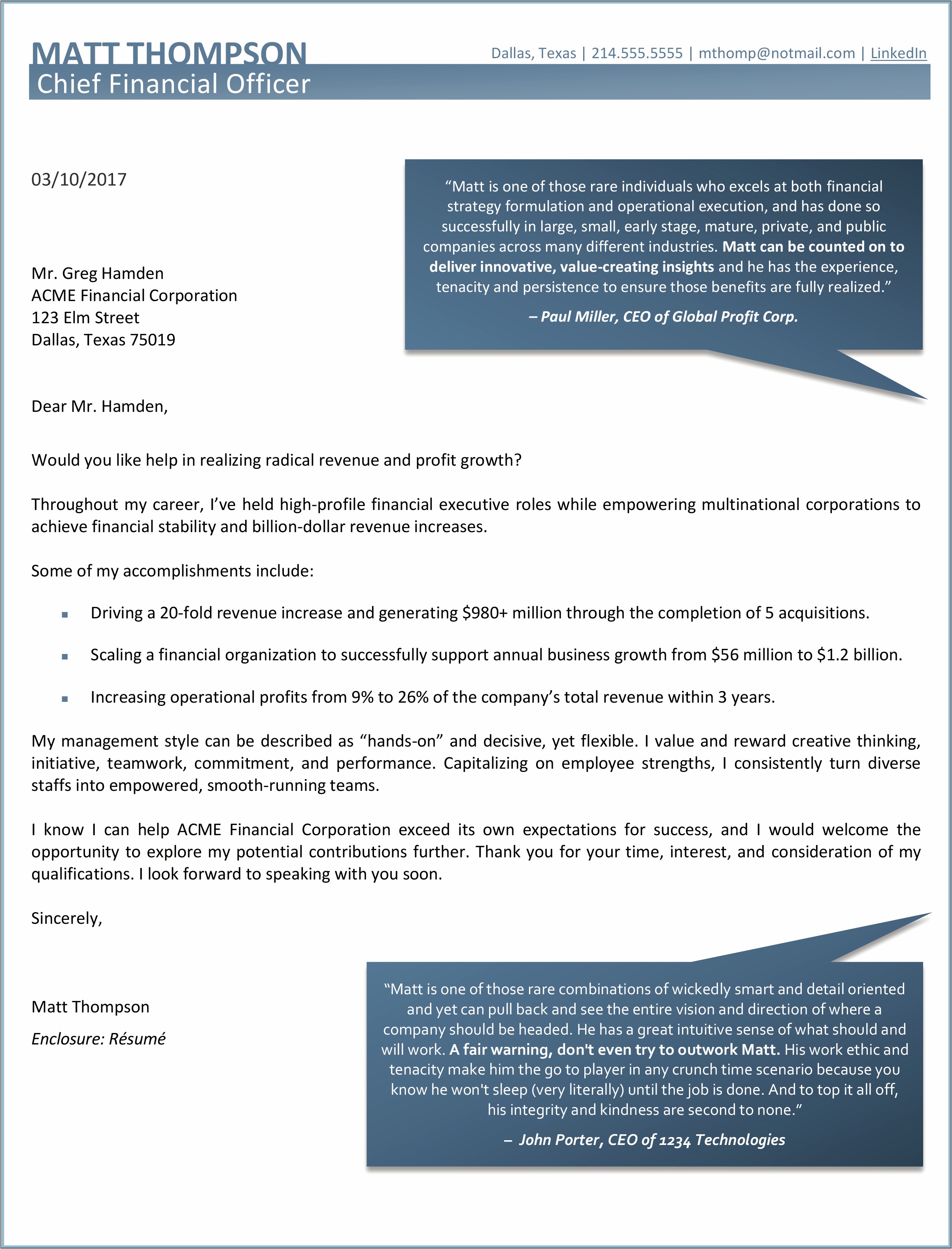 Cfo Resume Cover Letter Examples